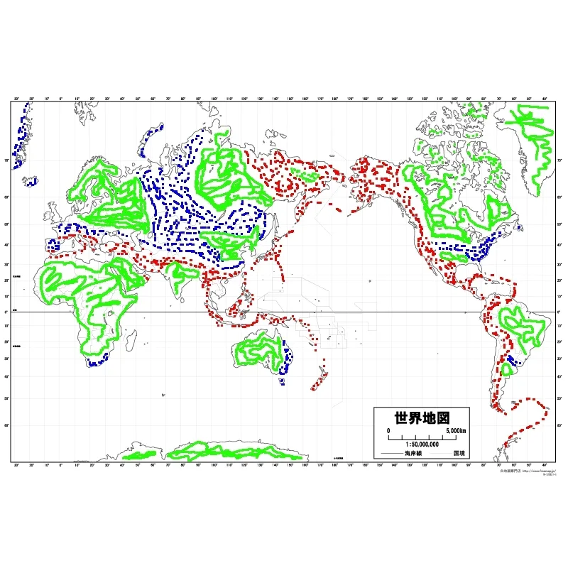 赤が新期造山帯、青が古期造山帯、黄緑が安定陸塊。
