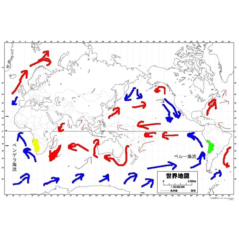 世界の海流分布図 ナミブ砂漠、アタカマ砂漠を特に強調したもの